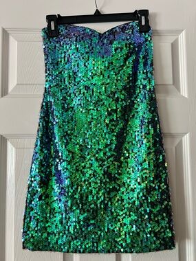 Strapless Sequin Mini Dress in Green and Blue